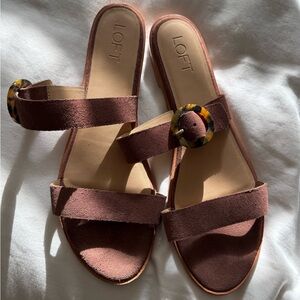 LOFT Brown Suede Double-Strap Slide Sandals with Tortoiseshell Buckle
